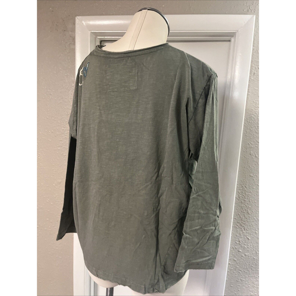 Women’s  Embroidered Blouse Green Distressed Kyla Seo comfort - Picture 9 of 12